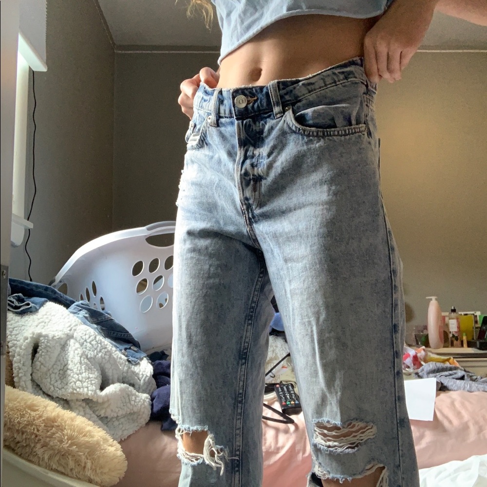 high waisted distressed mom + boyfriend jeans